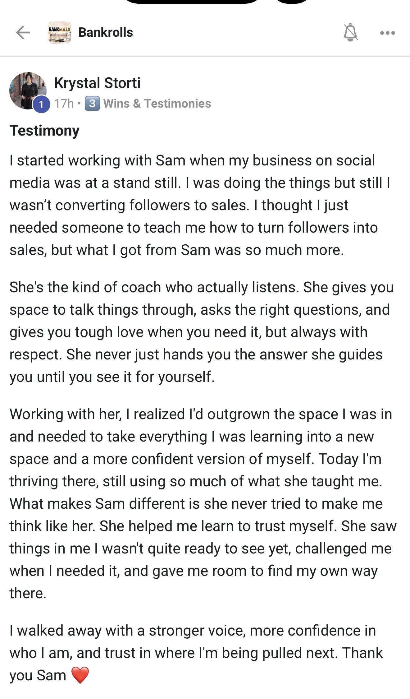BANKROLLS post from Krystal: Testimony